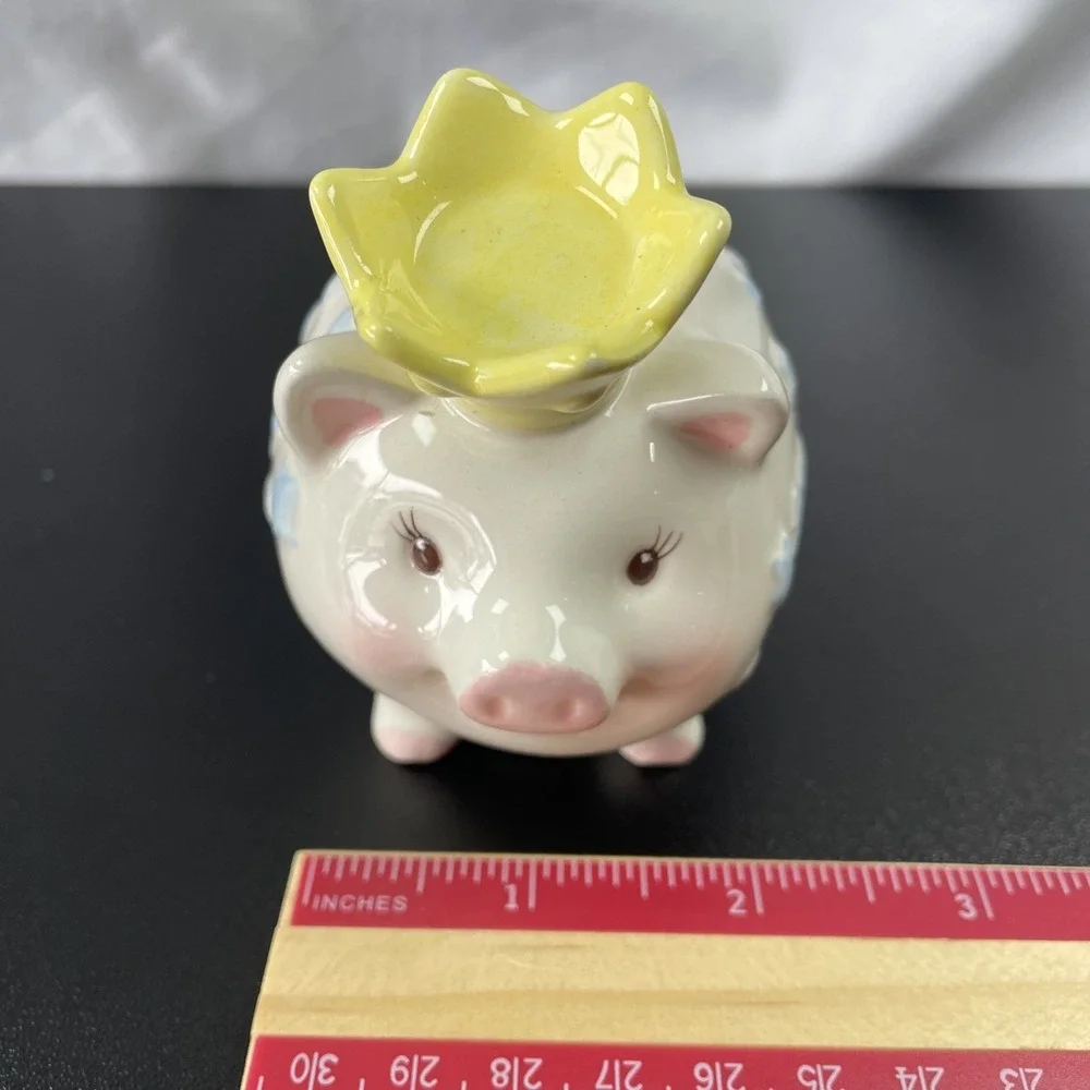 MUD PIE BABY LITTLE PIG PRINCE COIN BANK Blue White Pink With Yellow Crown!